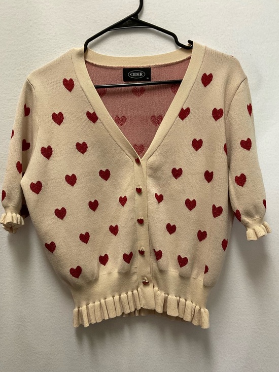 Cider Sweaters - Cider Cream V-Neck Cardigan with Red Heart Motif